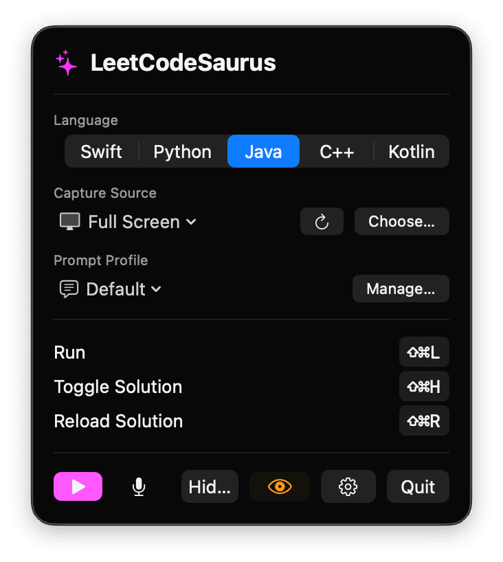 LeetCodeSaurus menu bar popup showing language, capture source and hotkeys