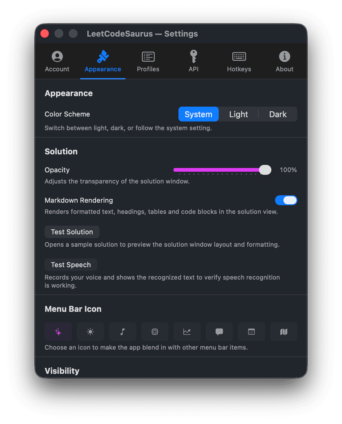 LeetCodeSaurus settings showing appearance, opacity, and hotkey options