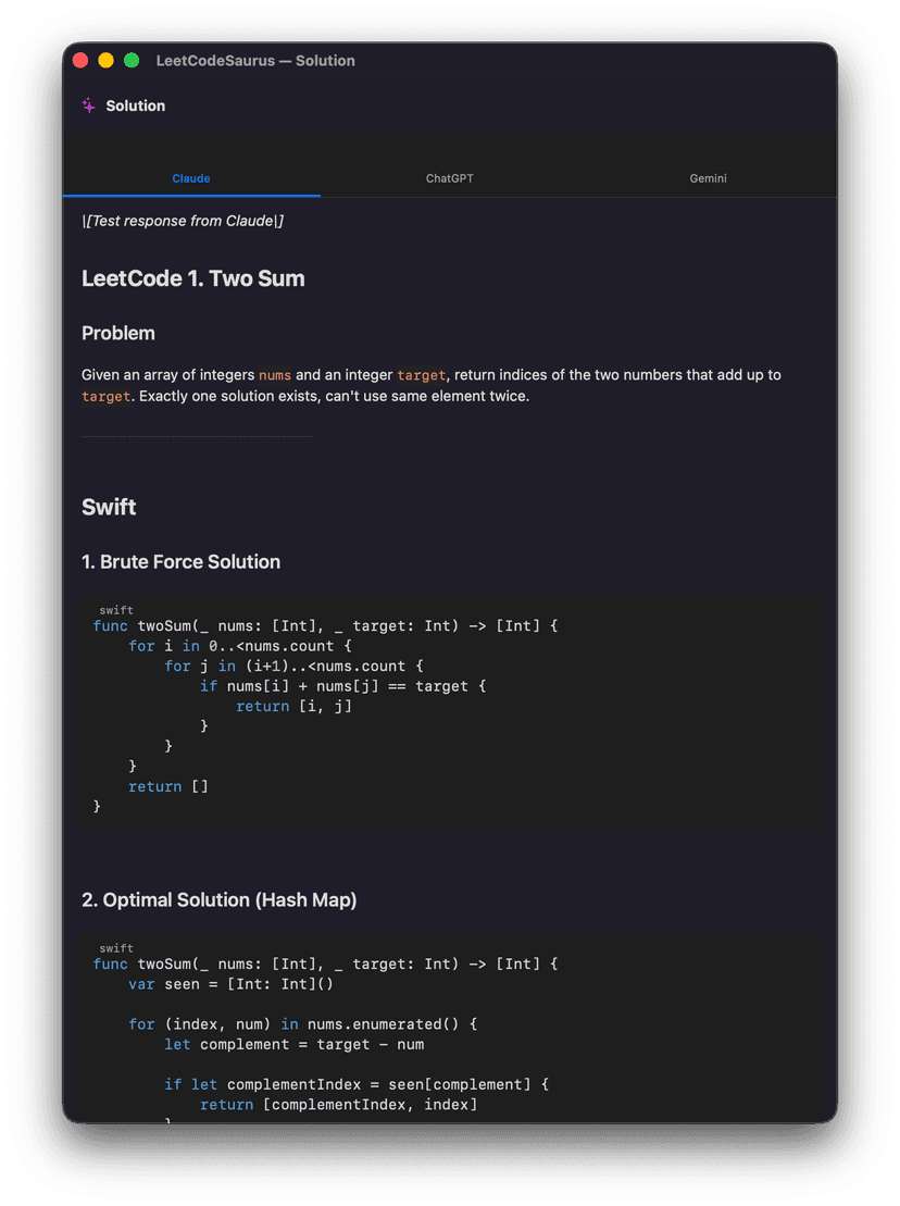 LeetCodeSaurus solution window showing Two Sum with brute force and optimal solutions